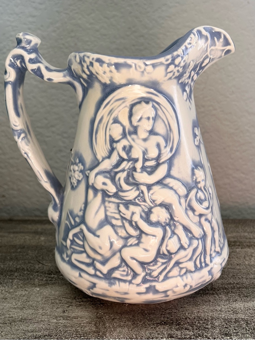VTG Duncan Ceramic Pitcher Goddess Diana Cherubs Stag Raised Relief Fairygoth 8"